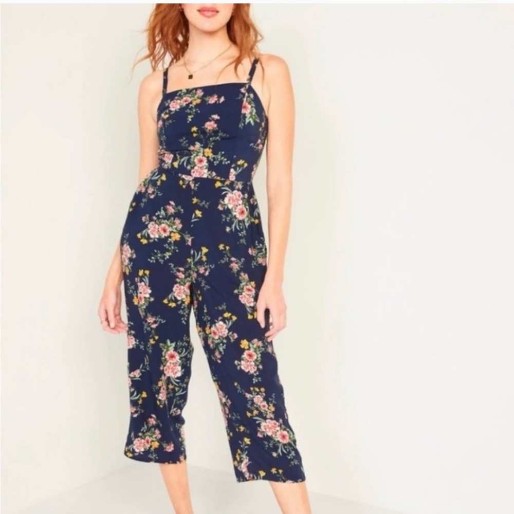 Old Navy Blue & Pink Floral Square Neck Cami Jumpsuit